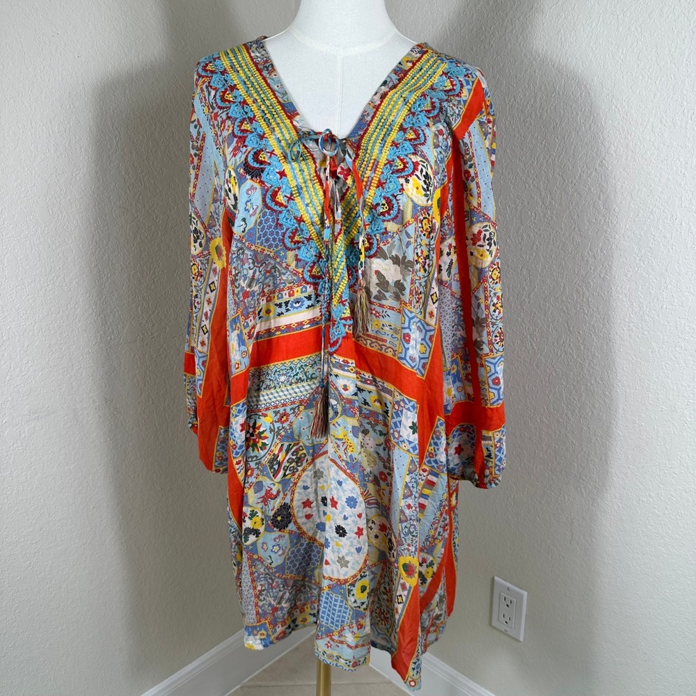 All About Her Tunic Dress XL Boho Patchwork Embroidered Tassel Peasant Mini V